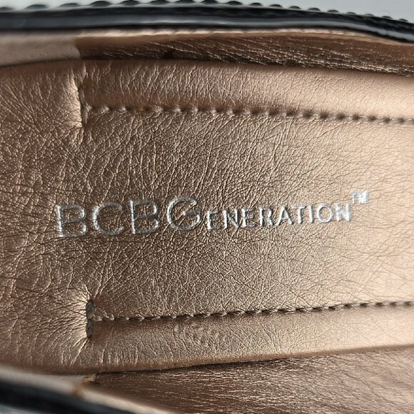 BCBGeneration Tedolie Black Patent Faux Suede Peep Toe Wedge Pump Size 6.5B - Picture 11 of 15